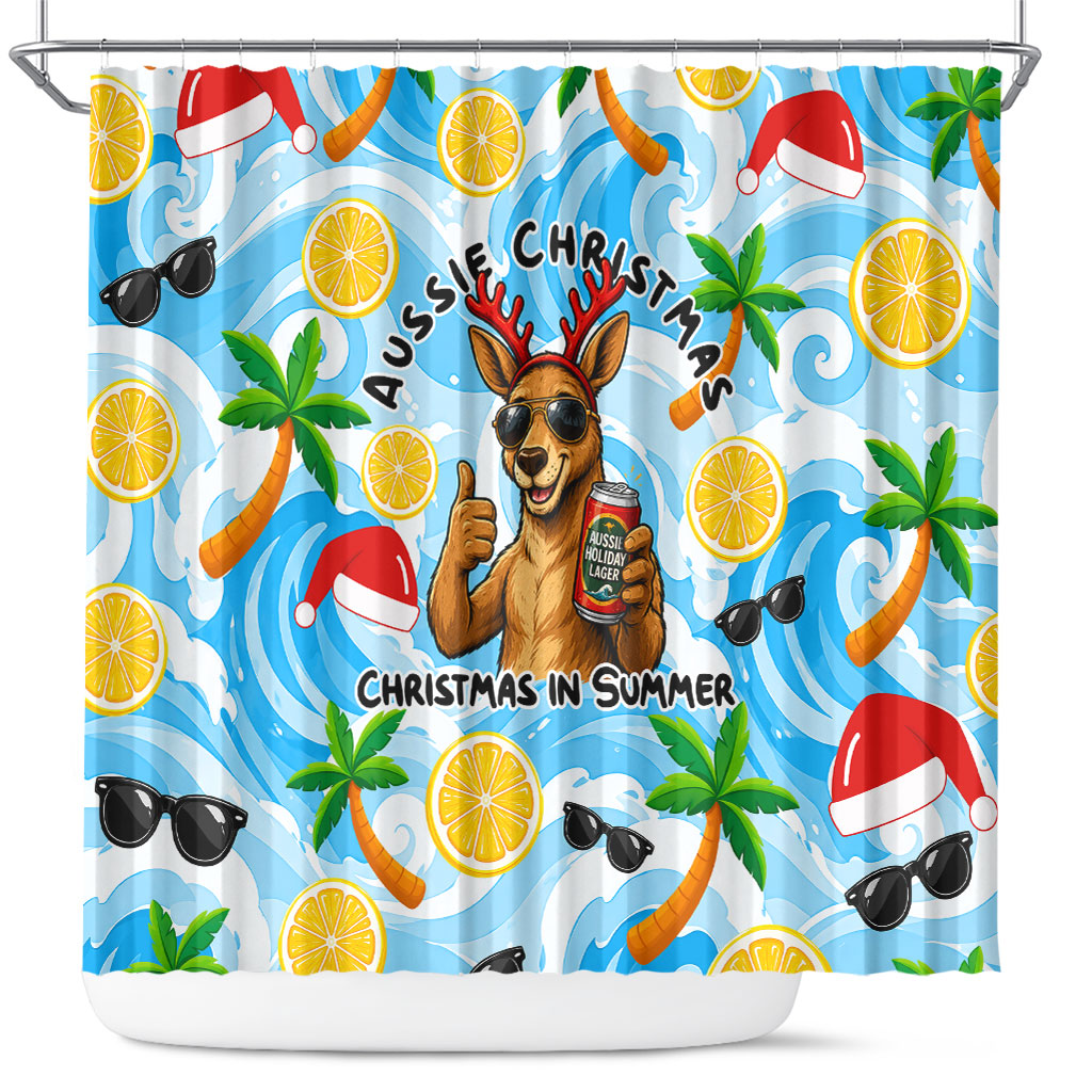 Aussie Christmas In Summer Shower Curtain Surfing Santa And Kangaroo - Tropical Cartoon Beach