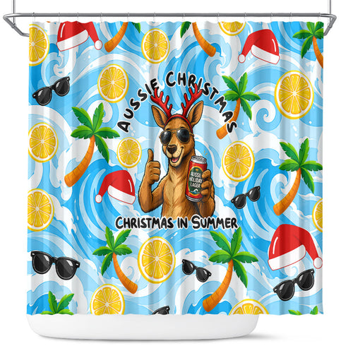Aussie Christmas In Summer Shower Curtain Surfing Santa And Kangaroo - Tropical Cartoon Beach