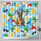 Aussie Christmas In Summer Shower Curtain Surfing Santa And Kangaroo - Tropical Cartoon Beach