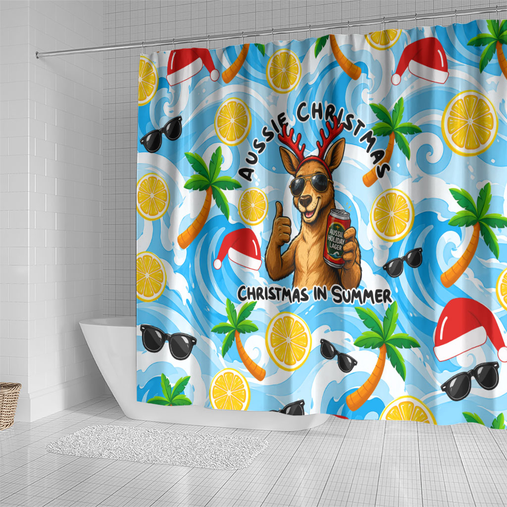 Aussie Christmas In Summer Shower Curtain Surfing Santa And Kangaroo - Tropical Cartoon Beach