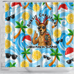 Aussie Christmas In Summer Shower Curtain Surfing Santa And Kangaroo - Tropical Cartoon Beach