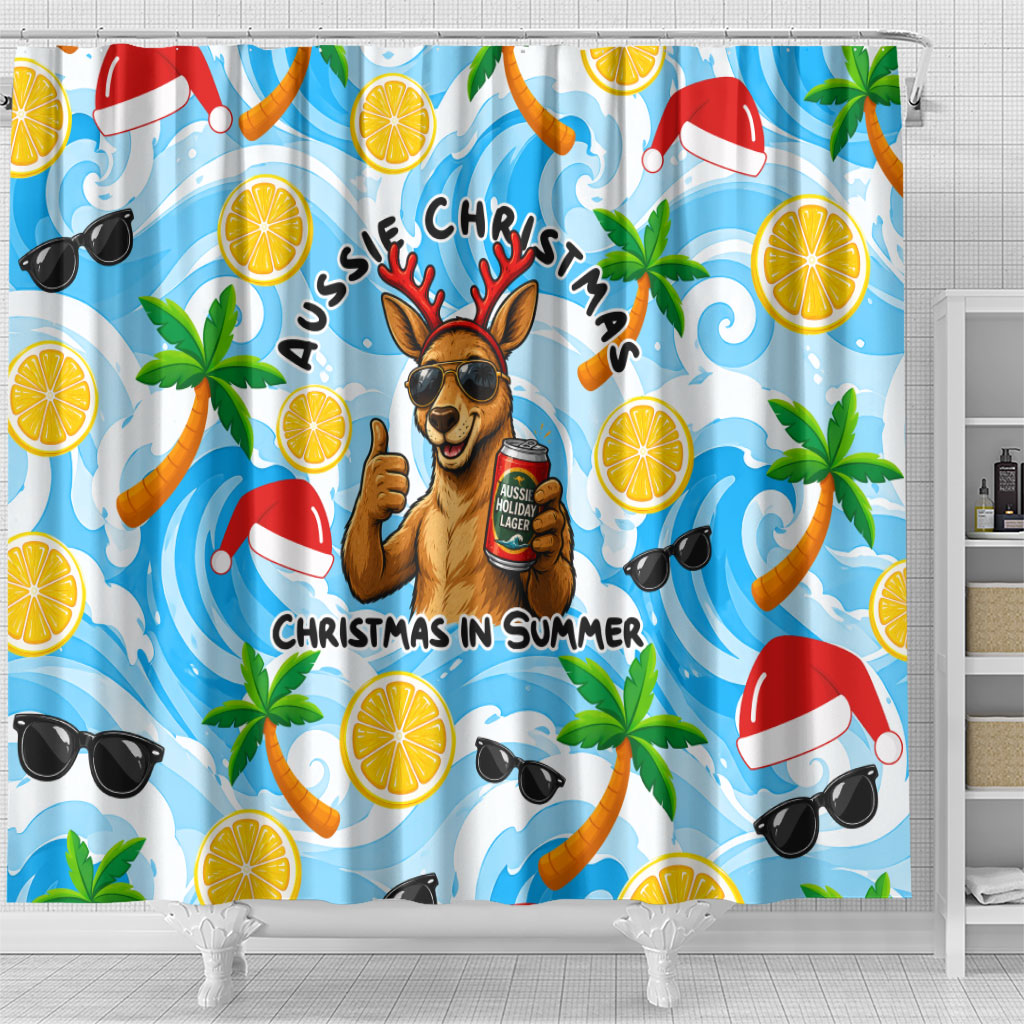 Aussie Christmas In Summer Shower Curtain Surfing Santa And Kangaroo - Tropical Cartoon Beach