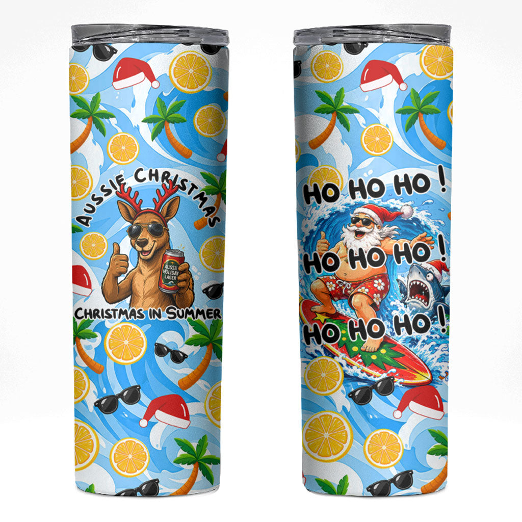 Aussie Christmas In Summer Skinny Tumbler Surfing Santa And Kangaroo - Tropical Cartoon Beach