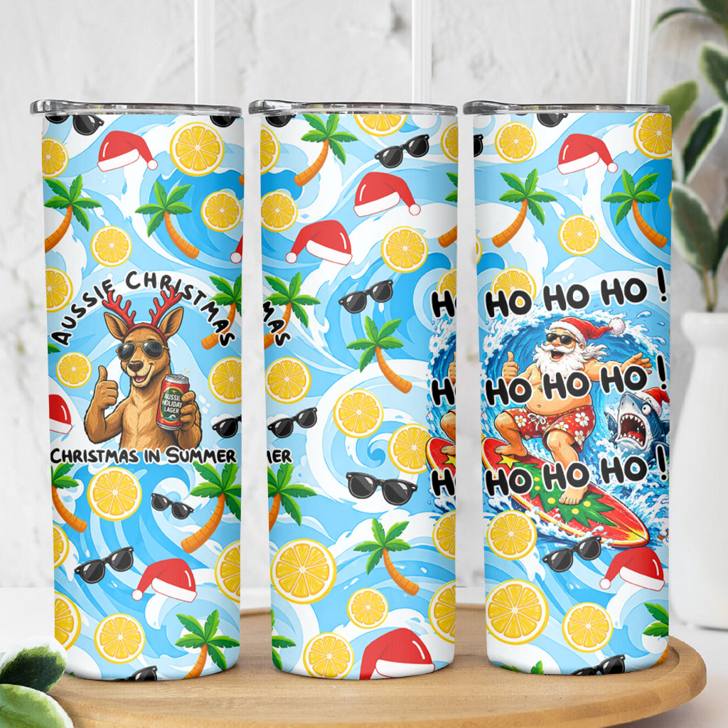 Aussie Christmas In Summer Skinny Tumbler Surfing Santa And Kangaroo - Tropical Cartoon Beach