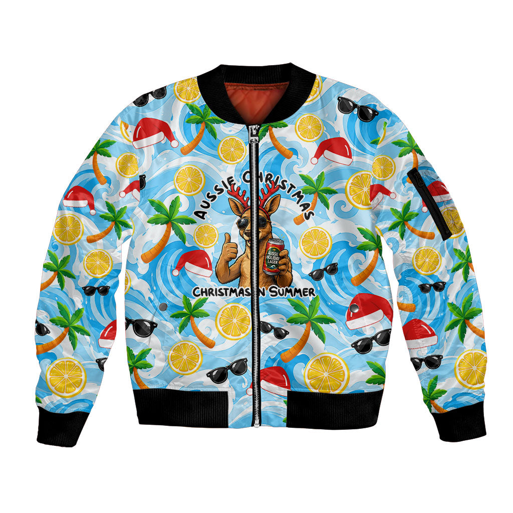 Aussie Christmas In Summer Sleeve Zip Bomber Jacket Surfing Santa And Kangaroo - Tropical Cartoon Beach