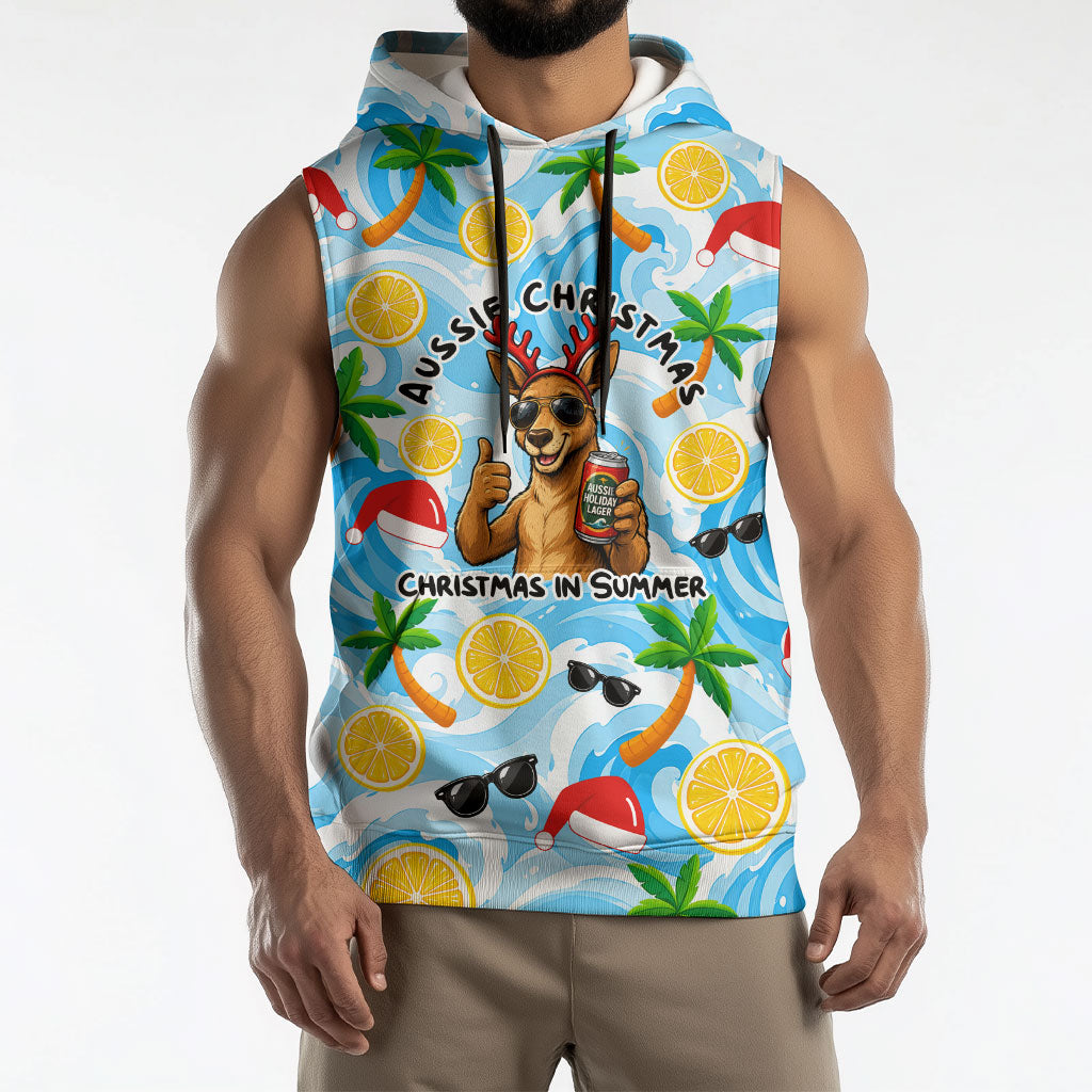 Aussie Christmas In Summer Sleeveless Hoodie Surfing Santa And Kangaroo - Tropical Cartoon Beach