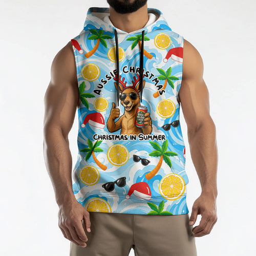 Aussie Christmas In Summer Sleeveless Hoodie Surfing Santa And Kangaroo - Tropical Cartoon Beach