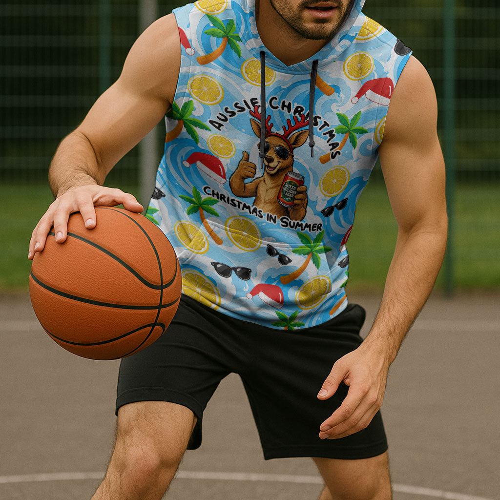 Aussie Christmas In Summer Sleeveless Hoodie Surfing Santa And Kangaroo - Tropical Cartoon Beach