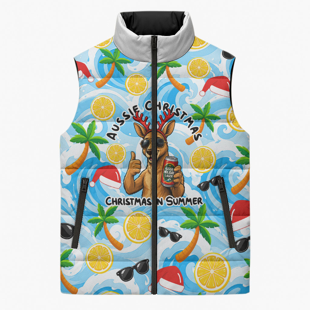 Aussie Christmas In Summer Sleeveless Puffer Jacket Surfing Santa And Kangaroo - Tropical Cartoon Beach