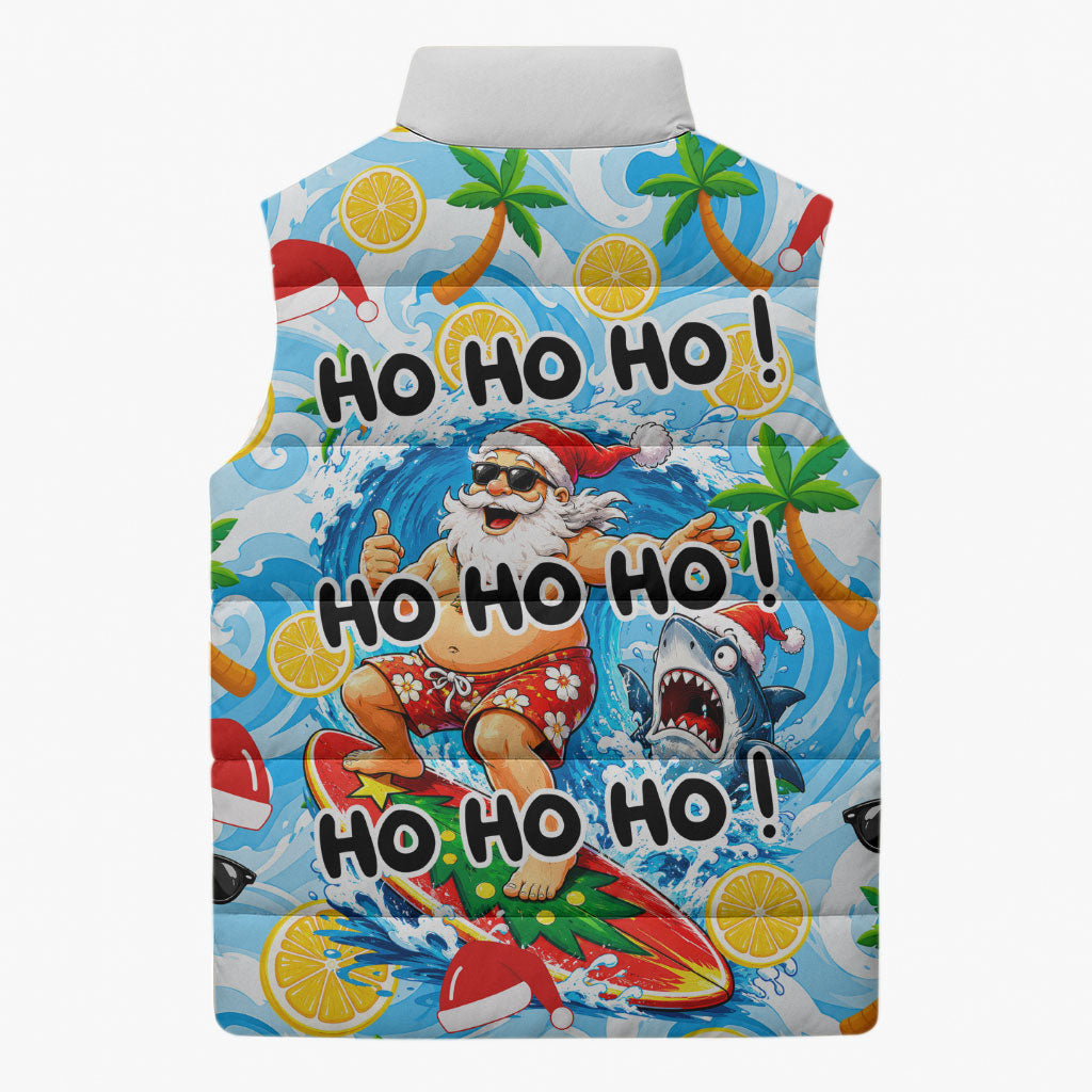 Aussie Christmas In Summer Sleeveless Puffer Jacket Surfing Santa And Kangaroo - Tropical Cartoon Beach