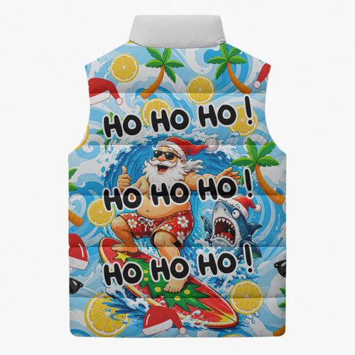 Aussie Christmas In Summer Sleeveless Puffer Jacket Surfing Santa And Kangaroo - Tropical Cartoon Beach