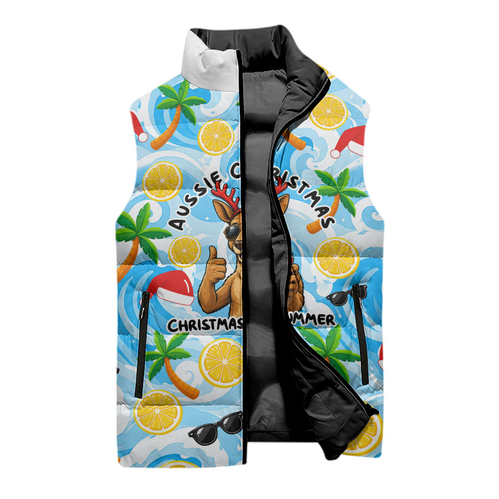 Aussie Christmas In Summer Sleeveless Puffer Jacket Surfing Santa And Kangaroo - Tropical Cartoon Beach