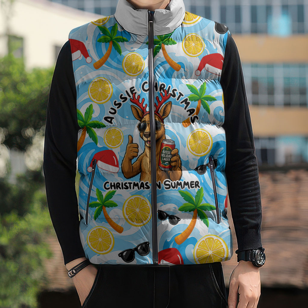 Aussie Christmas In Summer Sleeveless Puffer Jacket Surfing Santa And Kangaroo - Tropical Cartoon Beach