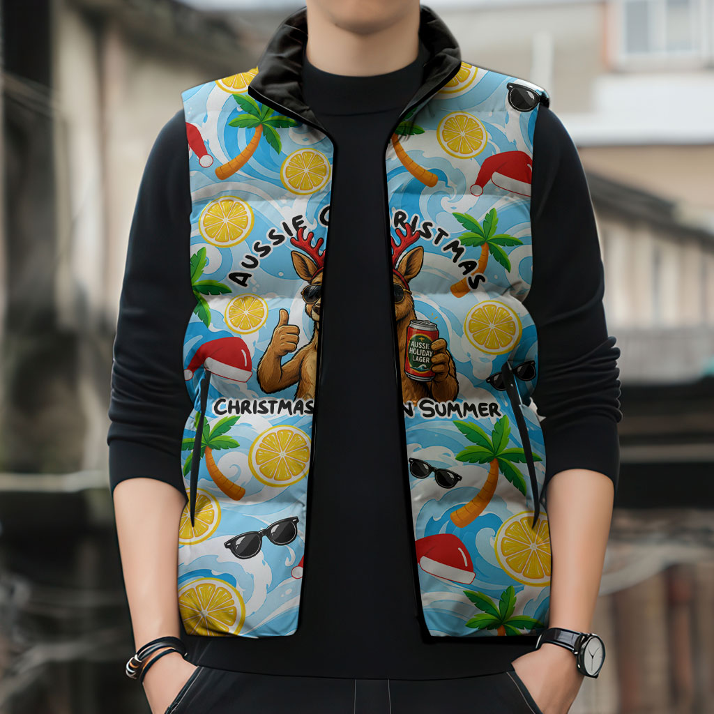 Aussie Christmas In Summer Sleeveless Puffer Jacket Surfing Santa And Kangaroo - Tropical Cartoon Beach