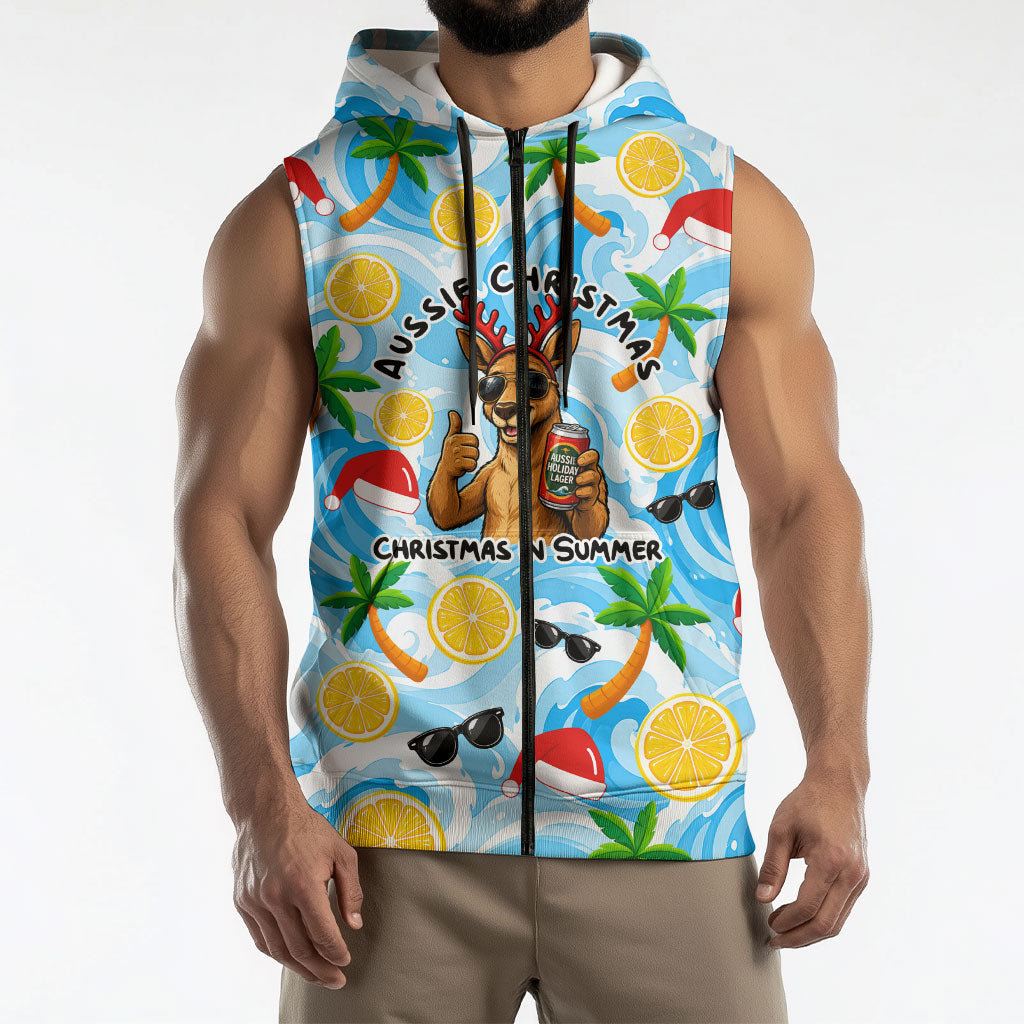 Aussie Christmas In Summer Sleeveless Zip Hoodie Surfing Santa And Kangaroo - Tropical Cartoon Beach