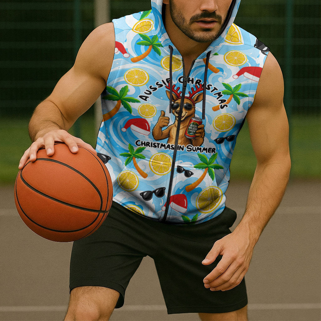 Aussie Christmas In Summer Sleeveless Zip Hoodie Surfing Santa And Kangaroo - Tropical Cartoon Beach