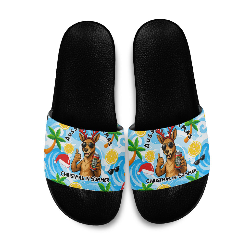 Aussie Christmas In Summer Slide Sandals Surfing Santa And Kangaroo - Tropical Cartoon Beach