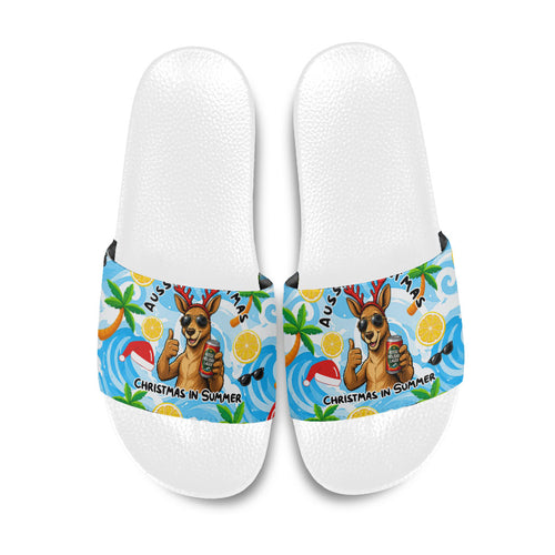 Aussie Christmas In Summer Slide Sandals Surfing Santa And Kangaroo - Tropical Cartoon Beach