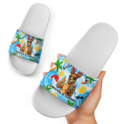 Aussie Christmas In Summer Slide Sandals Surfing Santa And Kangaroo - Tropical Cartoon Beach