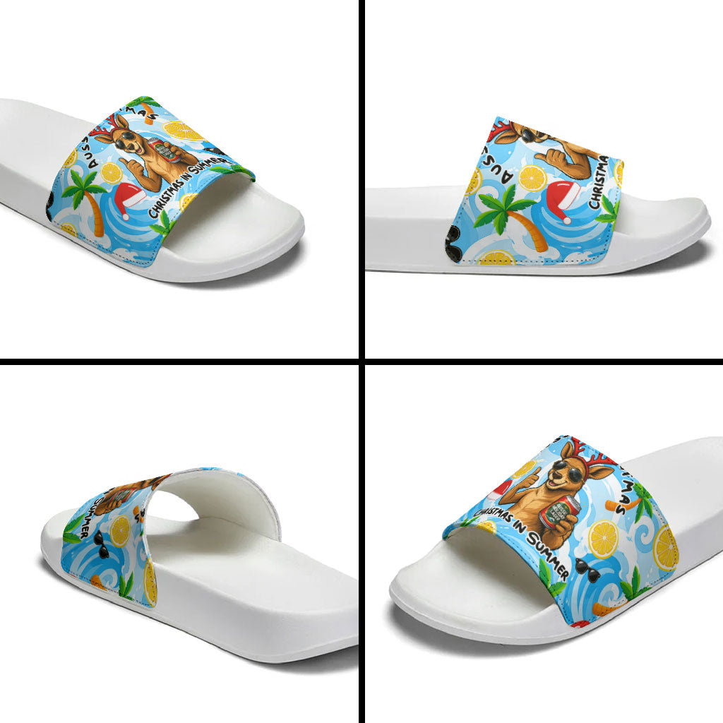 Aussie Christmas In Summer Slide Sandals Surfing Santa And Kangaroo - Tropical Cartoon Beach