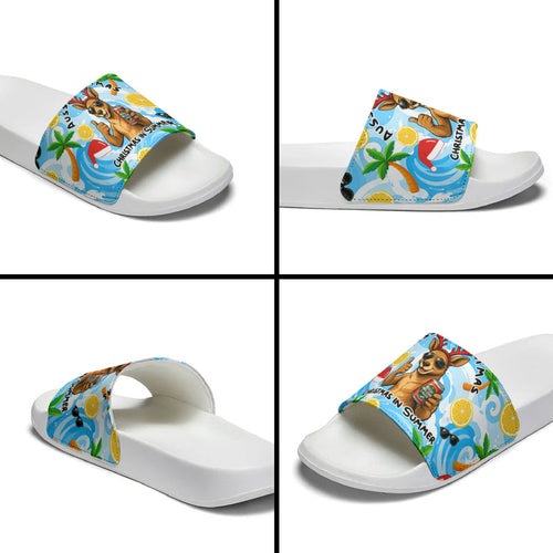 Aussie Christmas In Summer Slide Sandals Surfing Santa And Kangaroo - Tropical Cartoon Beach