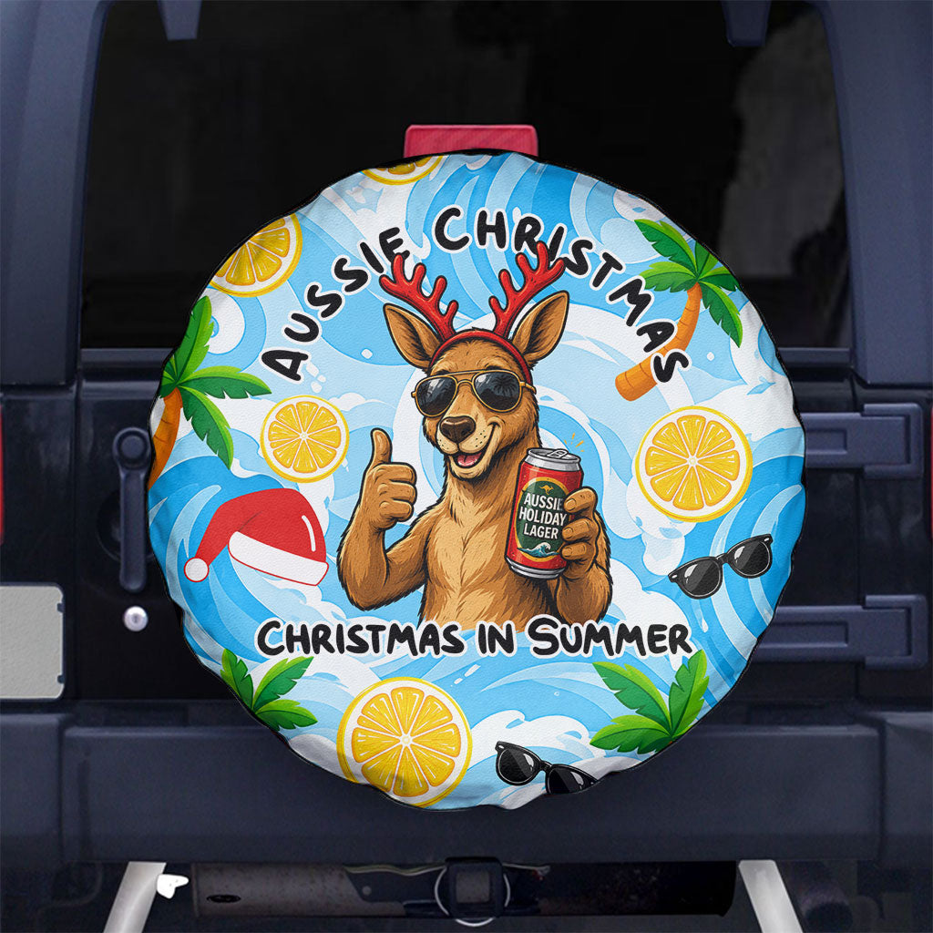 Aussie Christmas In Summer Spare Tire Cover Surfing Santa And Kangaroo - Tropical Cartoon Beach