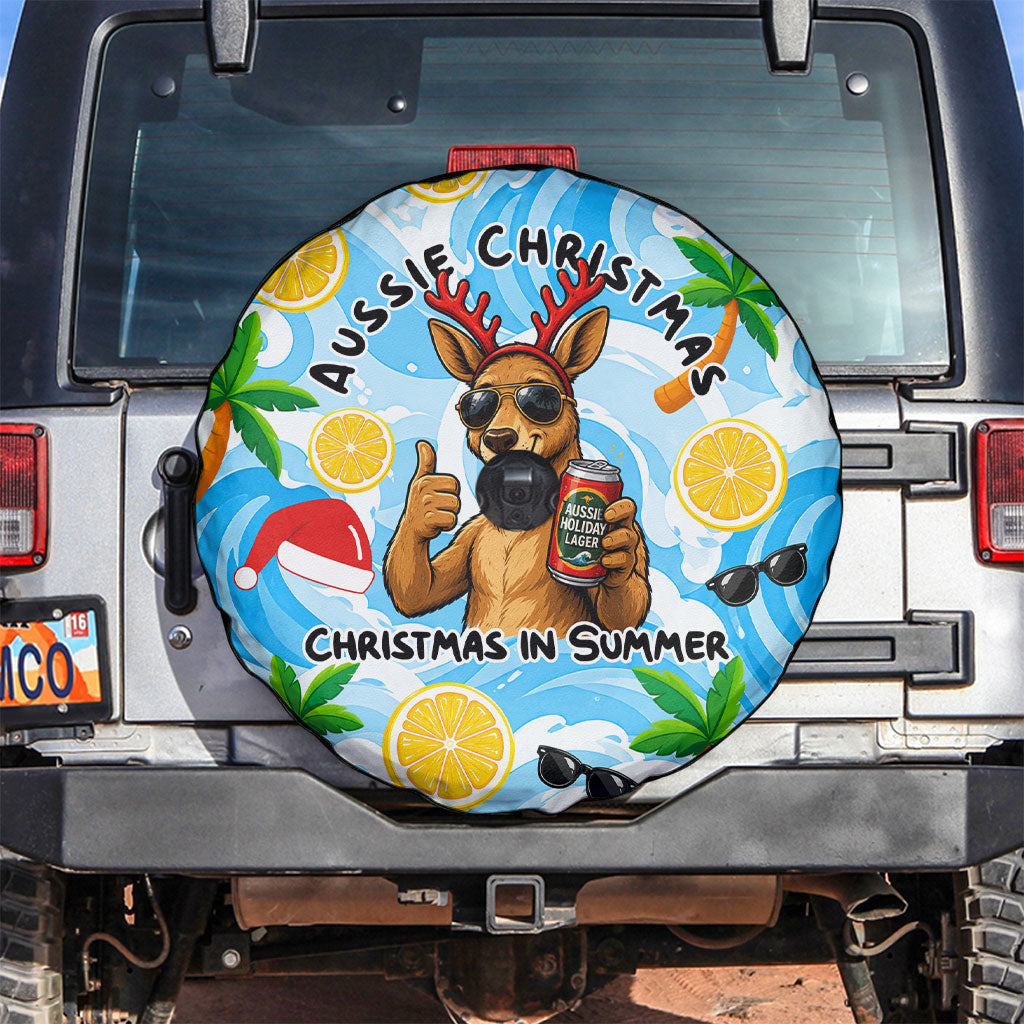 Aussie Christmas In Summer Spare Tire Cover Surfing Santa And Kangaroo - Tropical Cartoon Beach