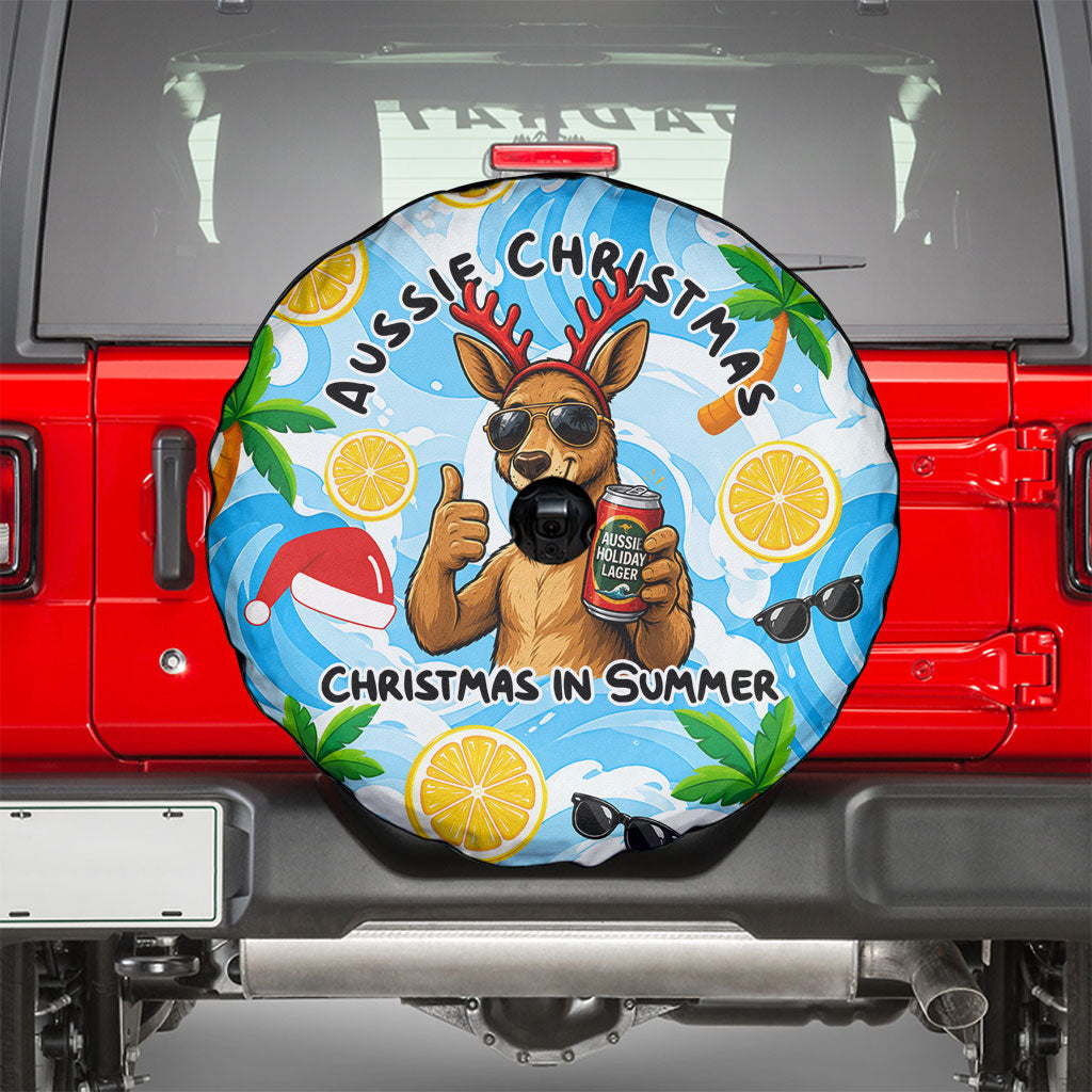 Aussie Christmas In Summer Spare Tire Cover Surfing Santa And Kangaroo - Tropical Cartoon Beach