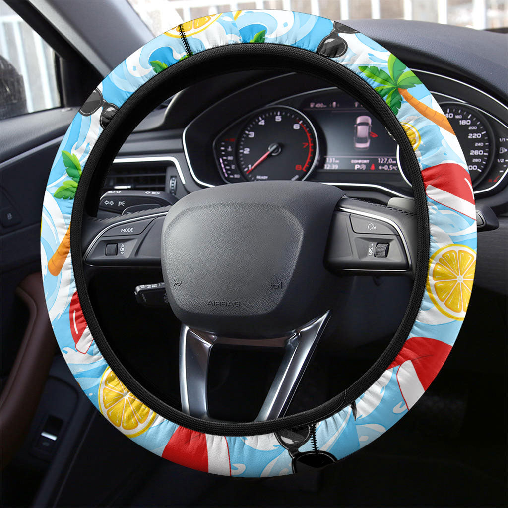 Aussie Christmas In Summer Steering Wheel Cover Surfing Santa And Kangaroo - Tropical Cartoon Beach