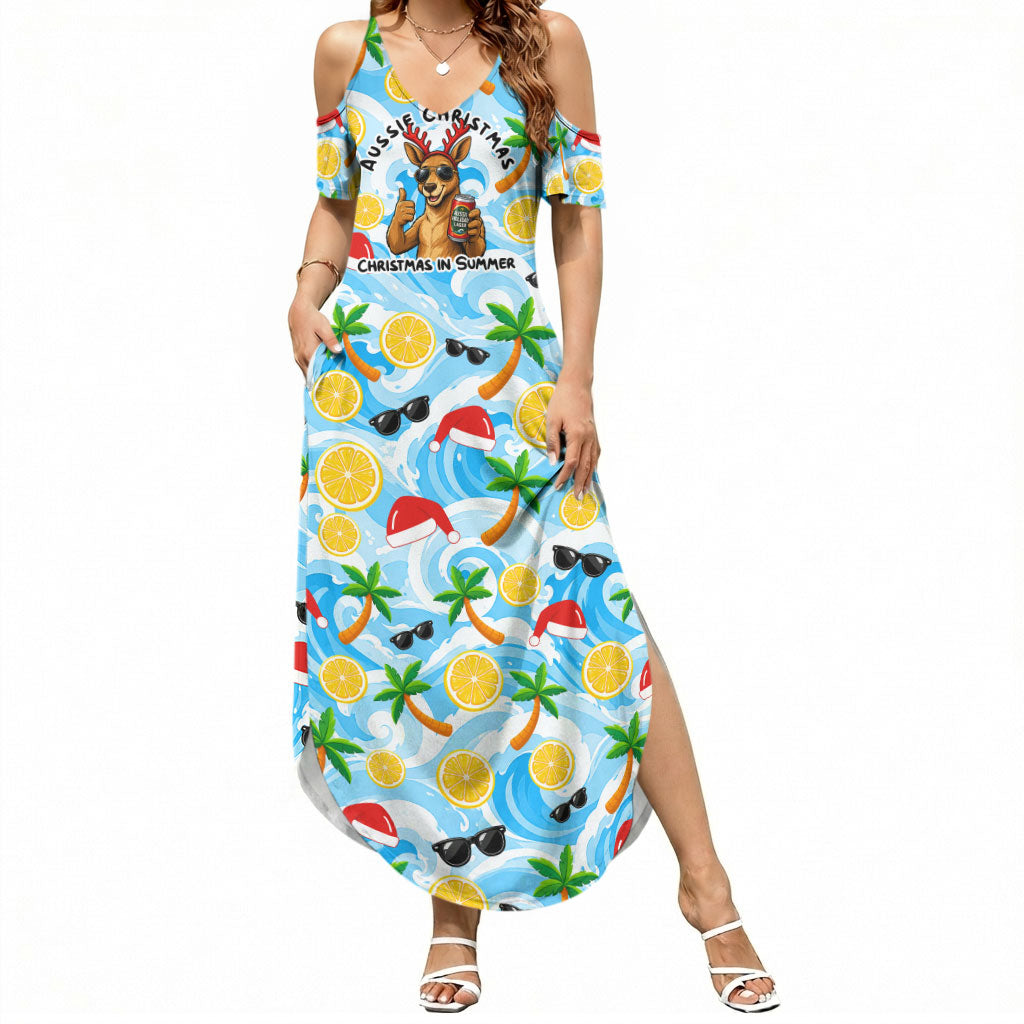 Aussie Christmas In Summer Summer Maxi Dress Surfing Santa And Kangaroo - Tropical Cartoon Beach