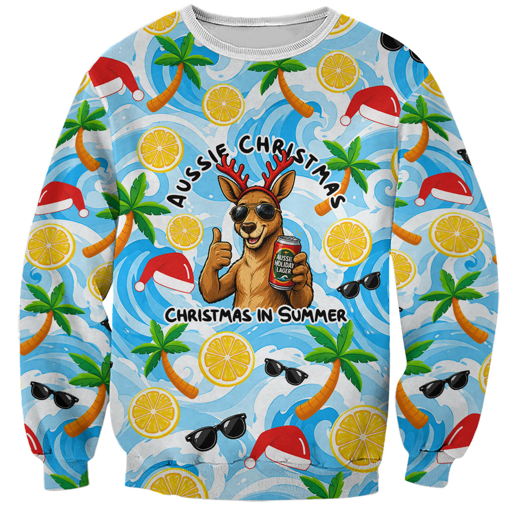 Aussie Christmas In Summer Sweatshirt Surfing Santa And Kangaroo - Tropical Cartoon Beach