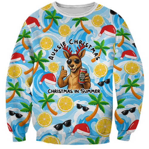 Aussie Christmas In Summer Sweatshirt Surfing Santa And Kangaroo - Tropical Cartoon Beach