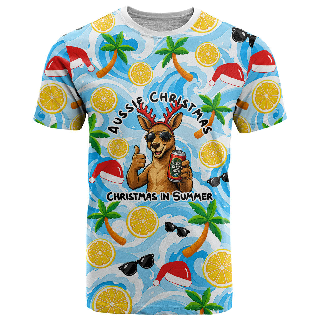 Aussie Christmas In Summer T Shirt Surfing Santa And Kangaroo - Tropical Cartoon Beach