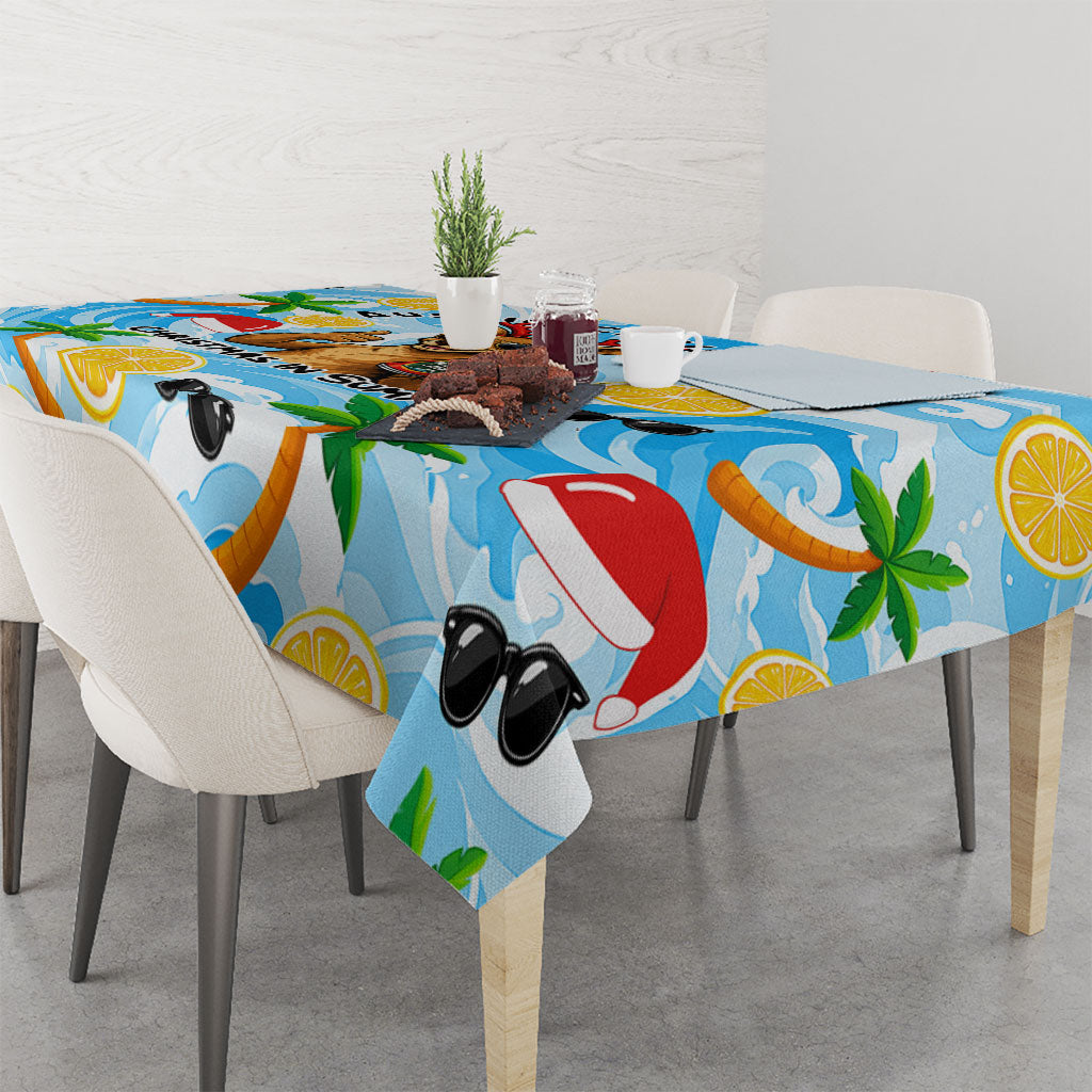 Aussie Christmas In Summer Tablecloth Surfing Santa And Kangaroo - Tropical Cartoon Beach