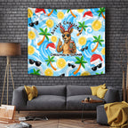 Aussie Christmas In Summer Tapestry Surfing Santa And Kangaroo - Tropical Cartoon Beach