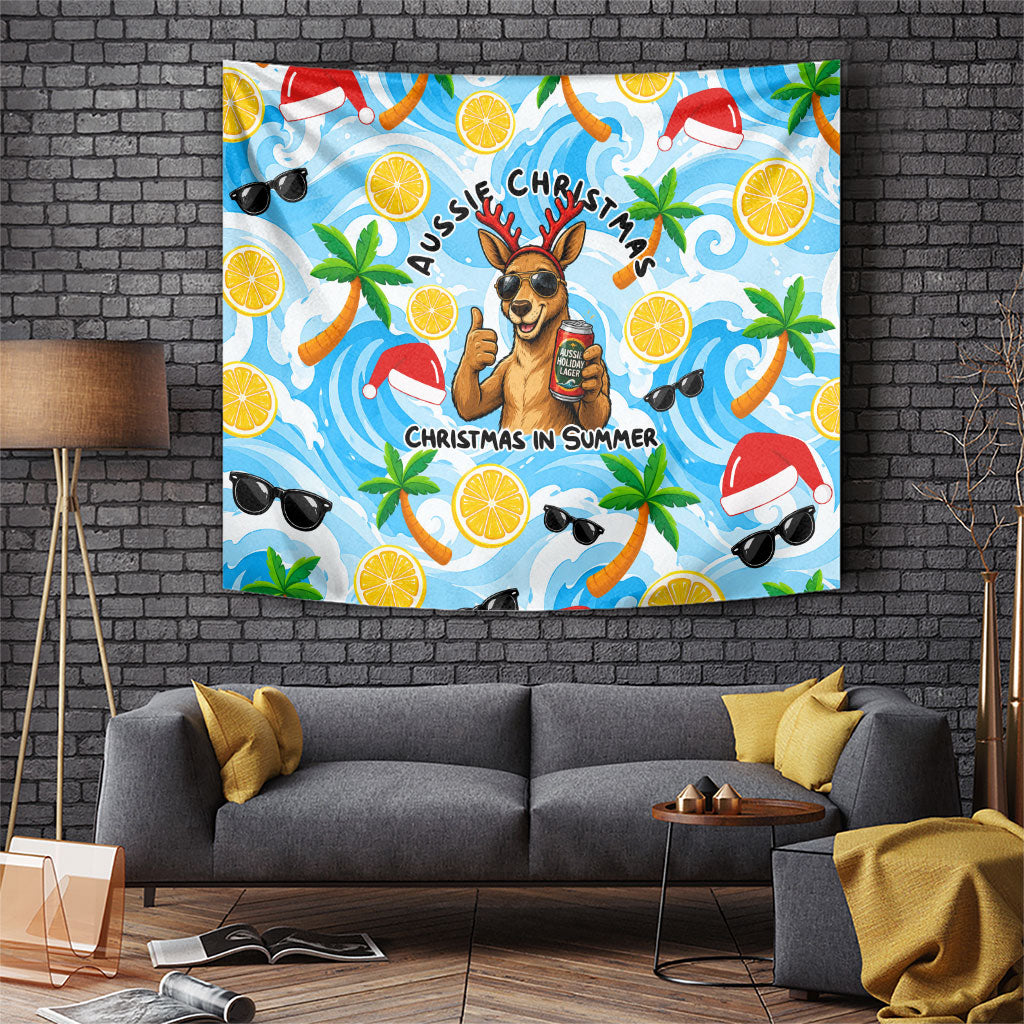 Aussie Christmas In Summer Tapestry Surfing Santa And Kangaroo - Tropical Cartoon Beach