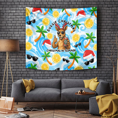 Aussie Christmas In Summer Tapestry Surfing Santa And Kangaroo - Tropical Cartoon Beach