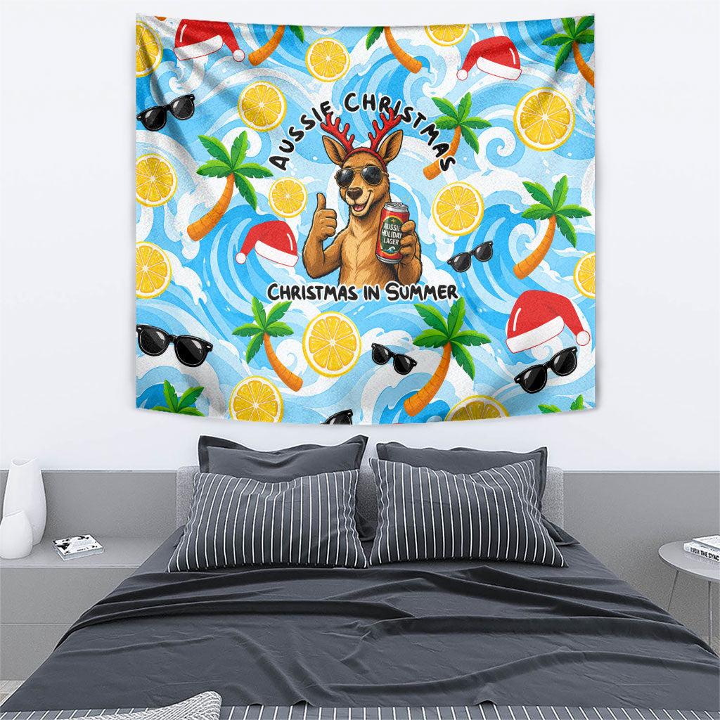 Aussie Christmas In Summer Tapestry Surfing Santa And Kangaroo - Tropical Cartoon Beach