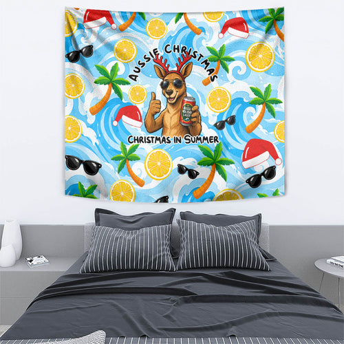 Aussie Christmas In Summer Tapestry Surfing Santa And Kangaroo - Tropical Cartoon Beach
