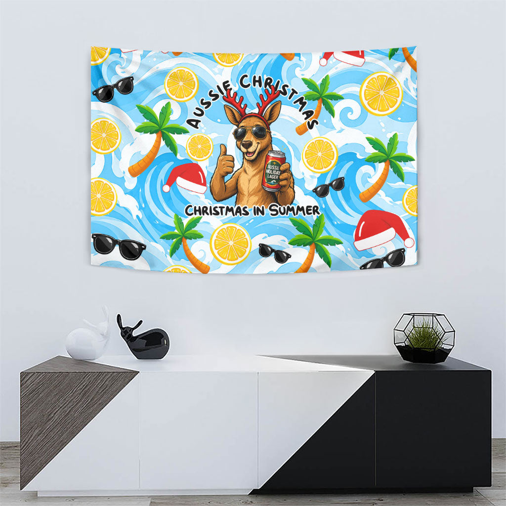 Aussie Christmas In Summer Tapestry Surfing Santa And Kangaroo - Tropical Cartoon Beach
