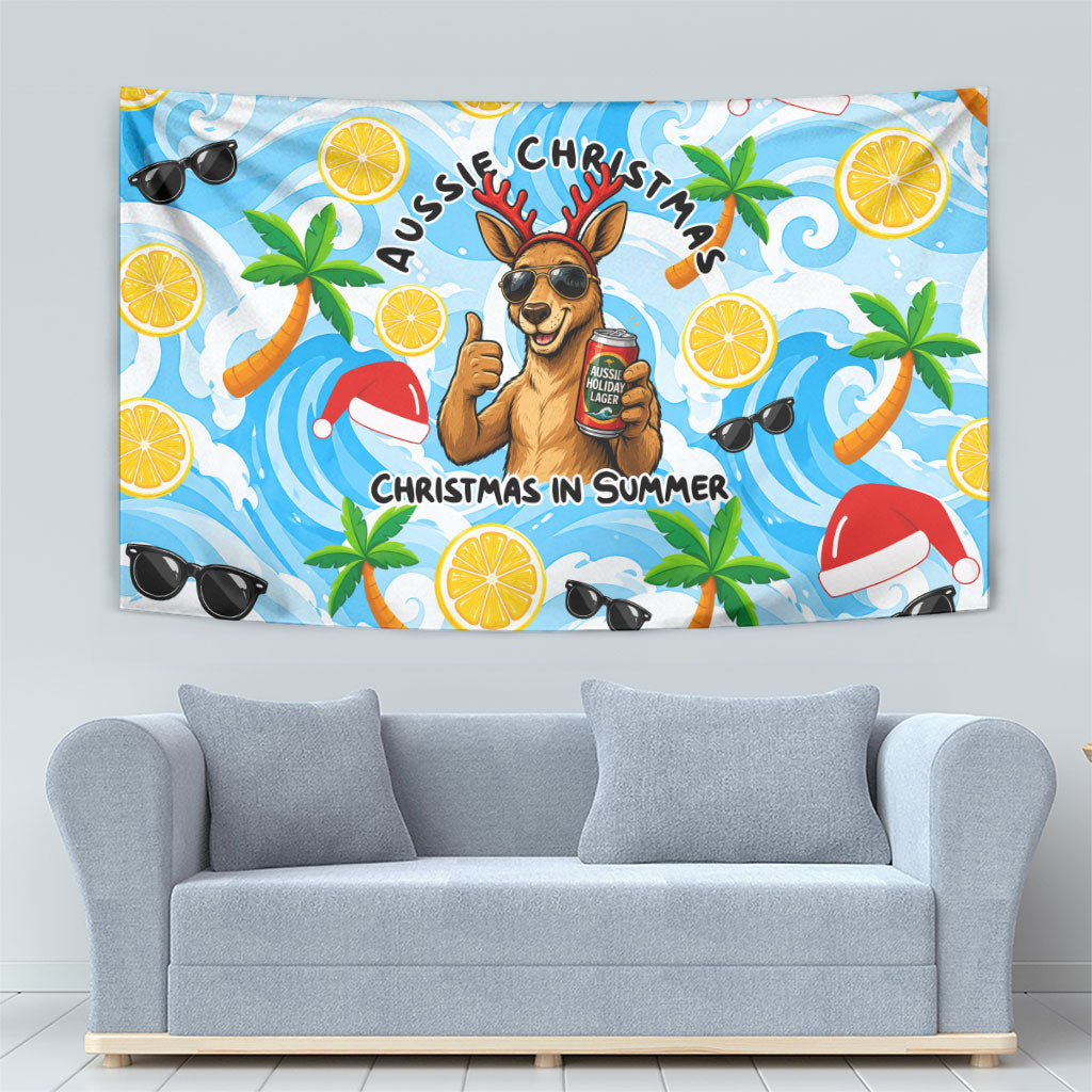 Aussie Christmas In Summer Tapestry Surfing Santa And Kangaroo - Tropical Cartoon Beach