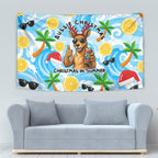 Aussie Christmas In Summer Tapestry Surfing Santa And Kangaroo - Tropical Cartoon Beach