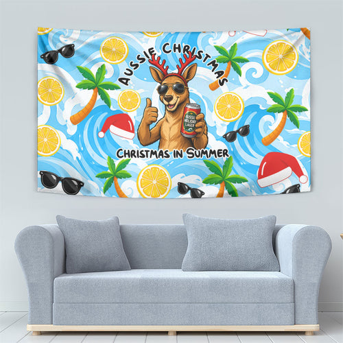 Aussie Christmas In Summer Tapestry Surfing Santa And Kangaroo - Tropical Cartoon Beach