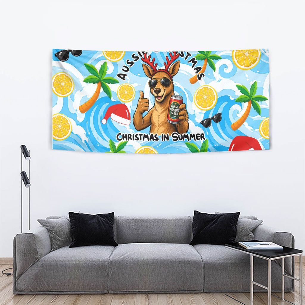 Aussie Christmas In Summer Tapestry Surfing Santa And Kangaroo - Tropical Cartoon Beach
