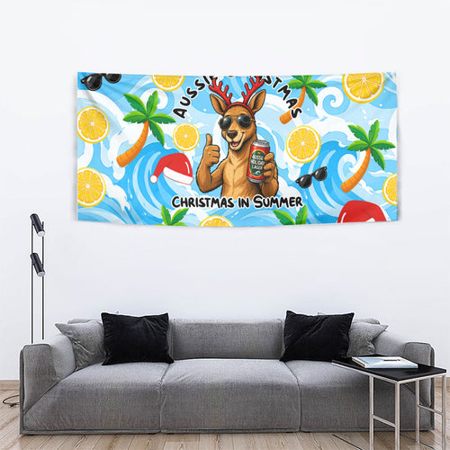 Aussie Christmas In Summer Tapestry Surfing Santa And Kangaroo - Tropical Cartoon Beach