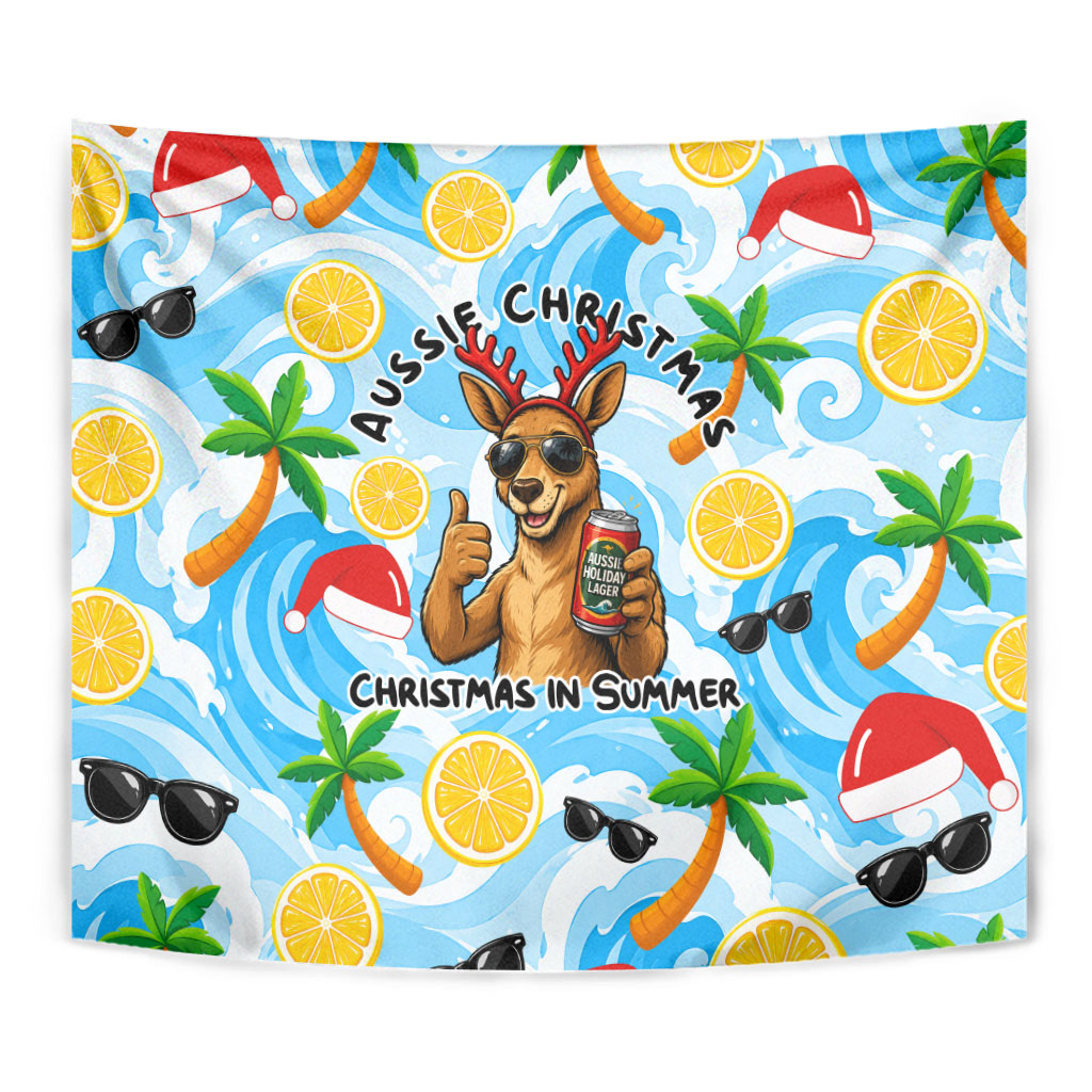 Aussie Christmas In Summer Tapestry Surfing Santa And Kangaroo - Tropical Cartoon Beach