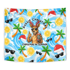 Aussie Christmas In Summer Tapestry Surfing Santa And Kangaroo - Tropical Cartoon Beach
