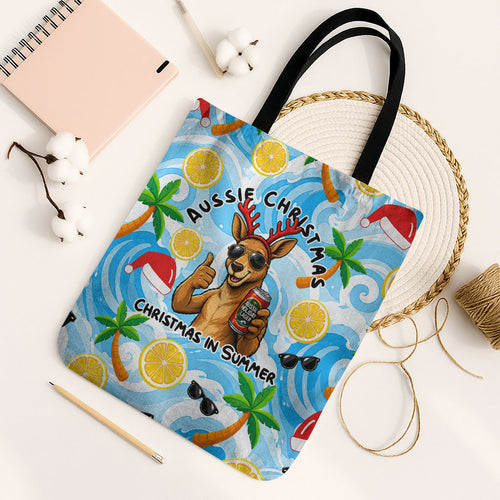 Aussie Christmas In Summer Tote Bag Surfing Santa And Kangaroo - Tropical Cartoon Beach