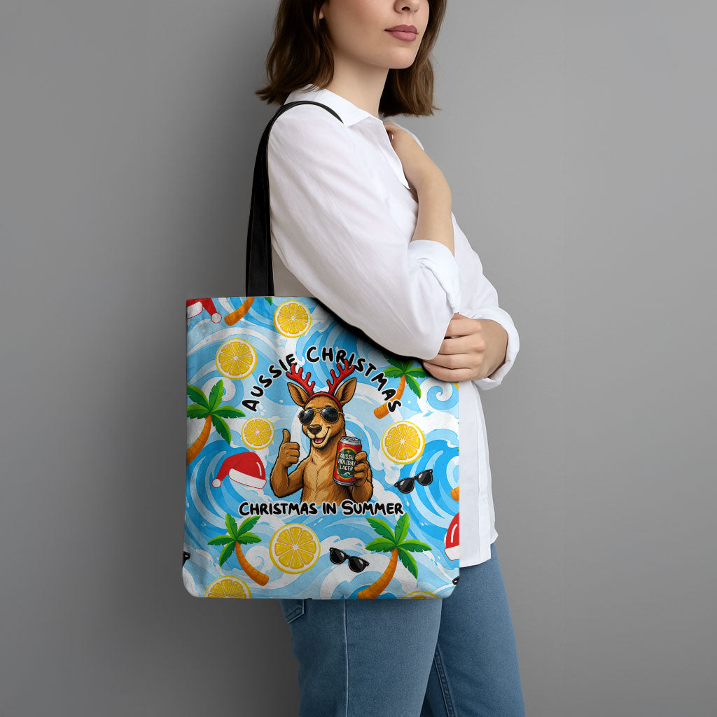 Aussie Christmas In Summer Tote Bag Surfing Santa And Kangaroo - Tropical Cartoon Beach