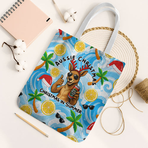 Aussie Christmas In Summer Tote Bag Surfing Santa And Kangaroo - Tropical Cartoon Beach